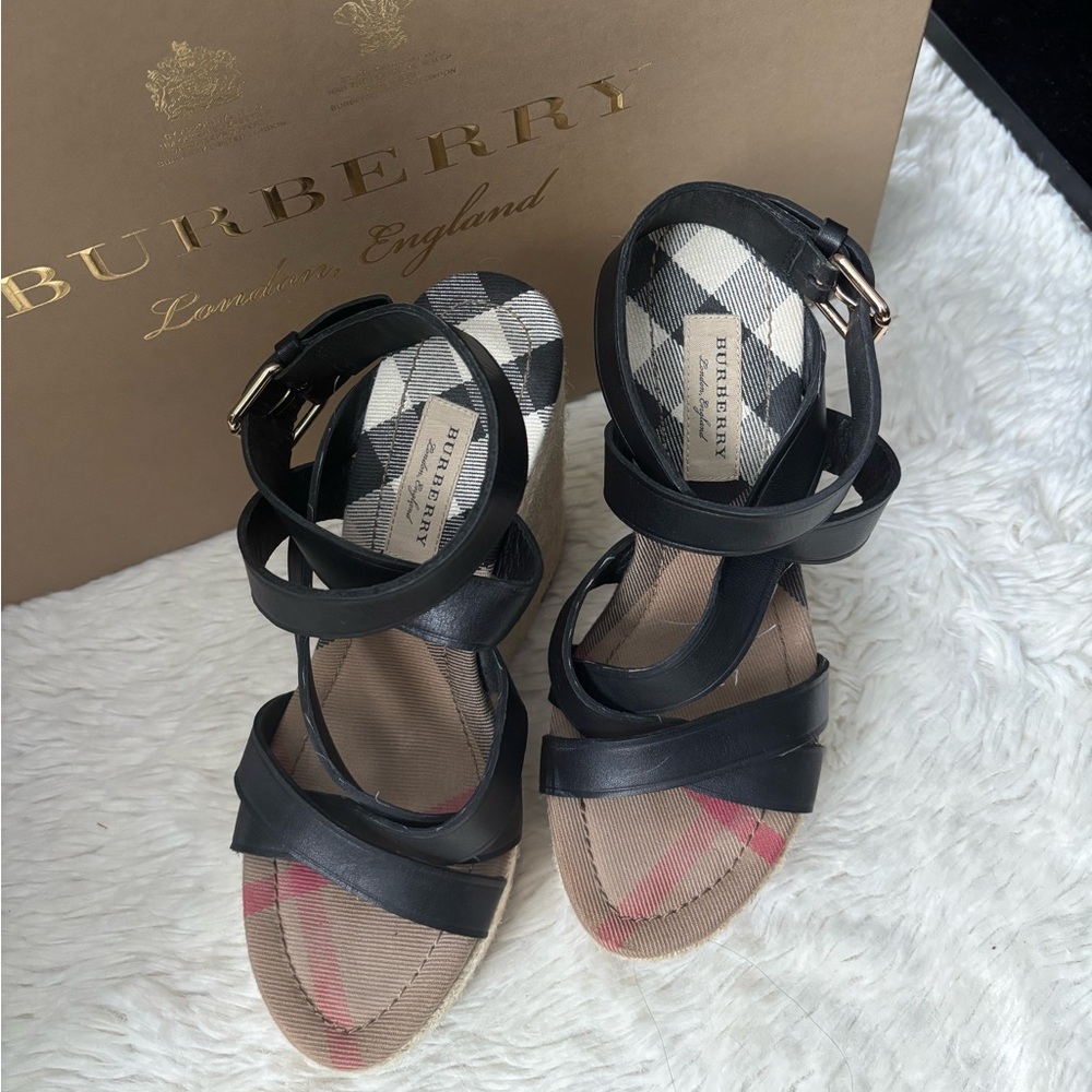 Burberry Black Leather & Vintage Check Wedge Sandals